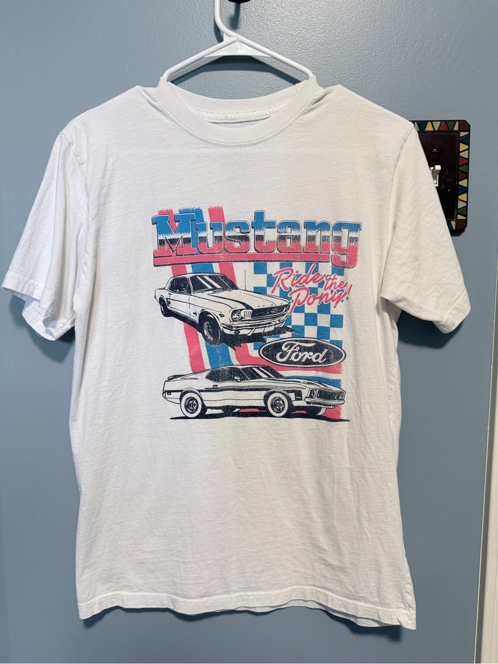Ford Mustang Graphic Tee in White with Blue & Pink Accents